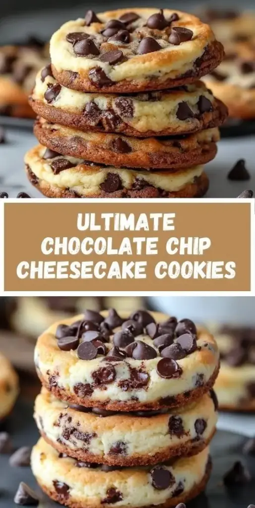 A tall stack of Chocolate Chip Cheesecake Cookies showing thick, soft-baked textures and large melted chocolate chips.