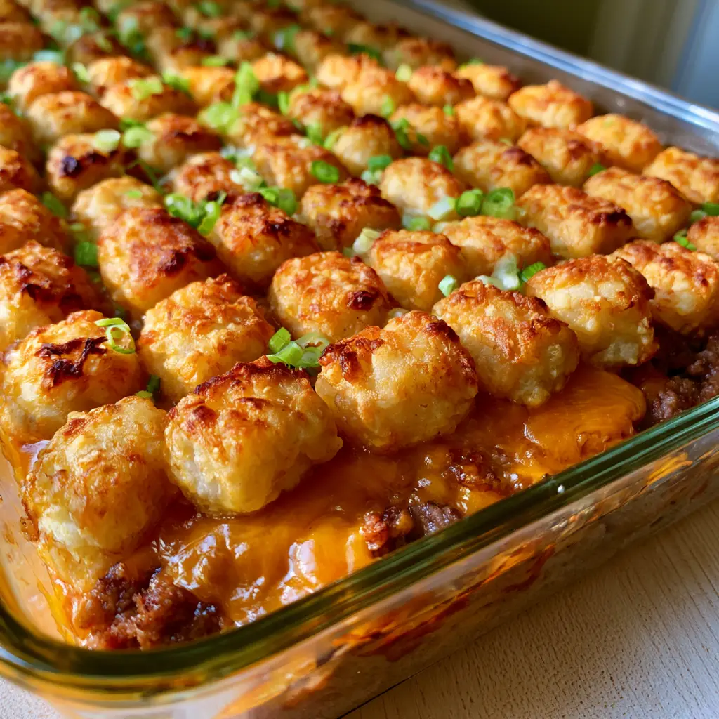Overhead view of crispy charred tater tots on top of a meatloaf casserole with green onion sprinkles.