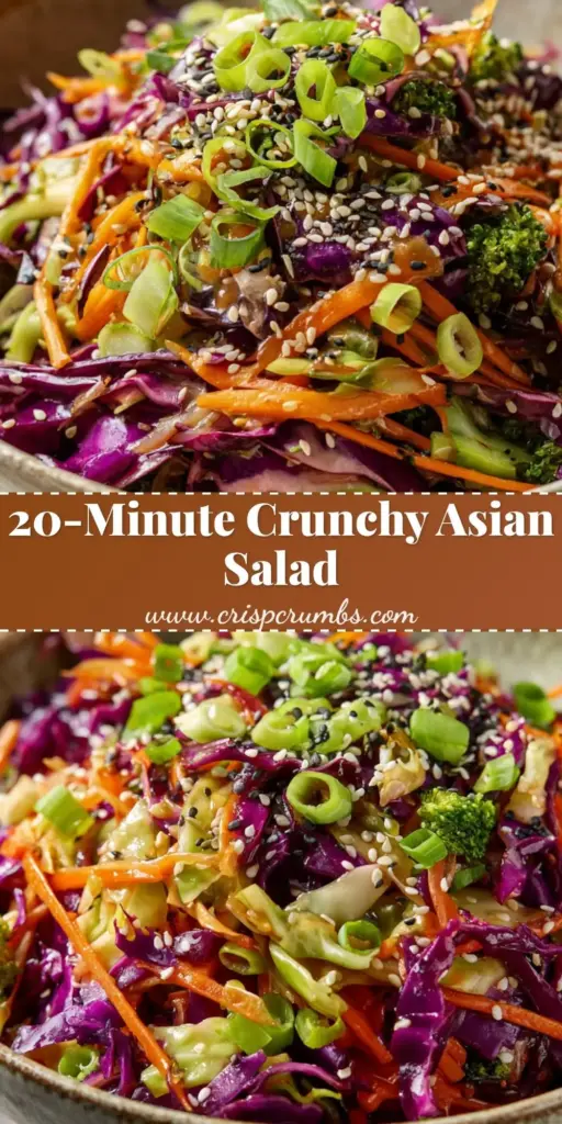 A top-down Pinterest pin showing a Crunchy Asian Cabbage Salad in a white bowl with almonds, sesame seeds, and edamame.