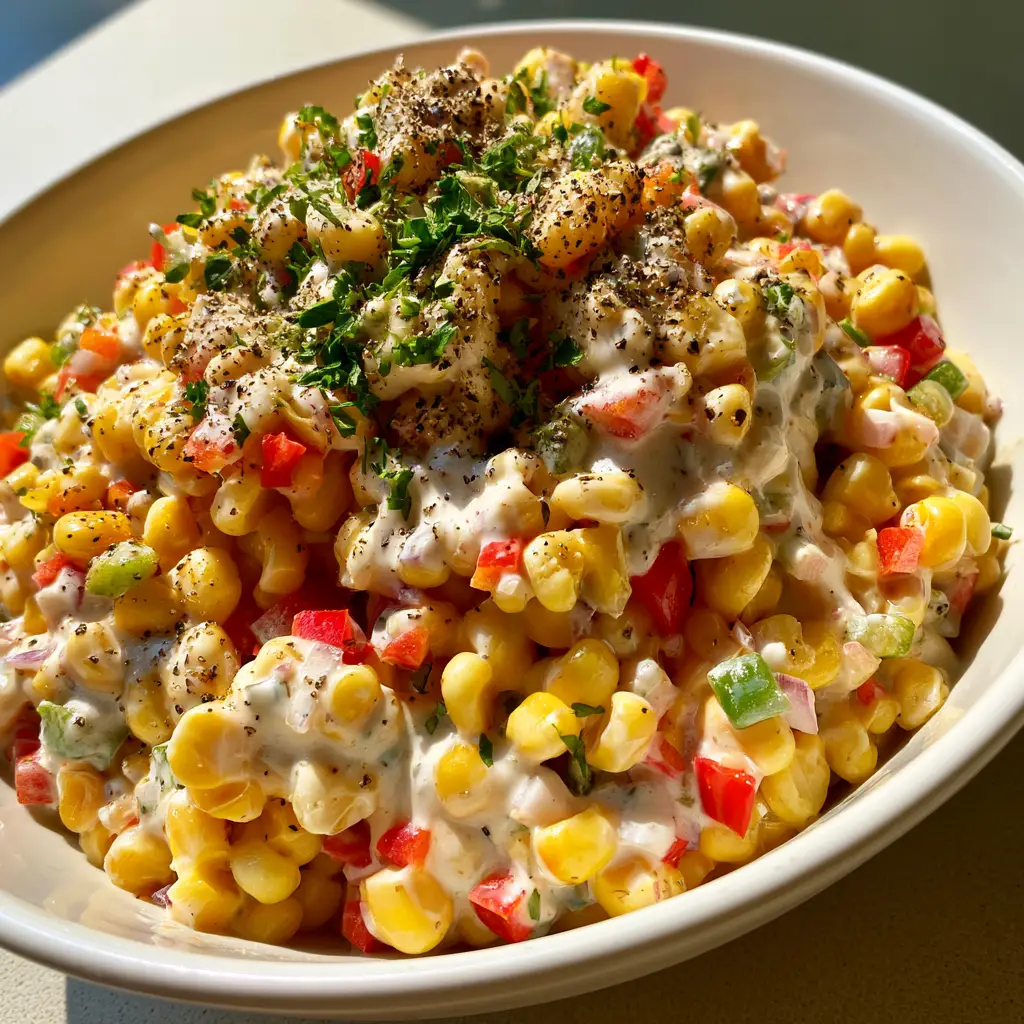 Amish Corn Salad: The Creamiest Traditional Summer Side Dish 2 A close-up high-angle shot of Amish Corn Salad with bright yellow kernels, red peppers, and green peppers in a white bowl.