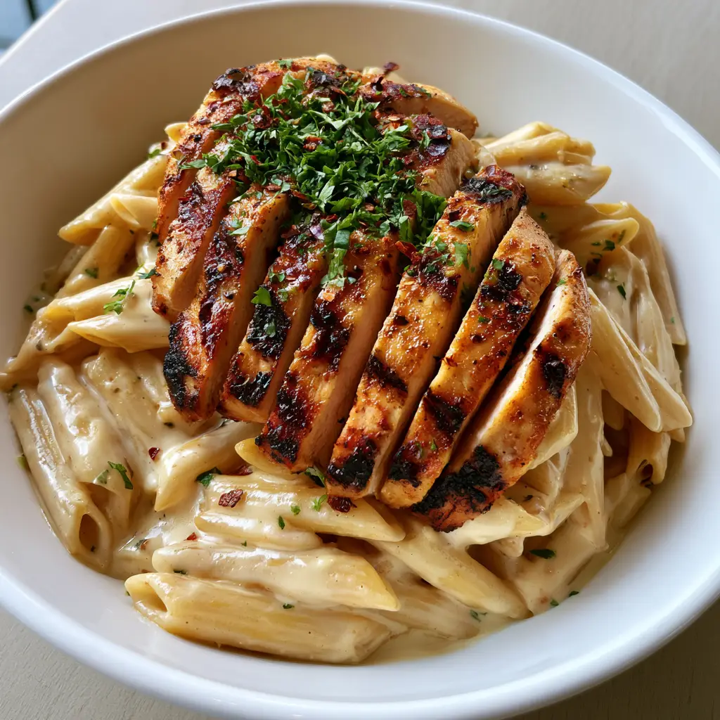 Creamy Chicken Penne with Seared Garlic Butter Chicken 2 Close up of a bowl of Creamy Chicken Penne showing al dente pasta and thick white sauce.