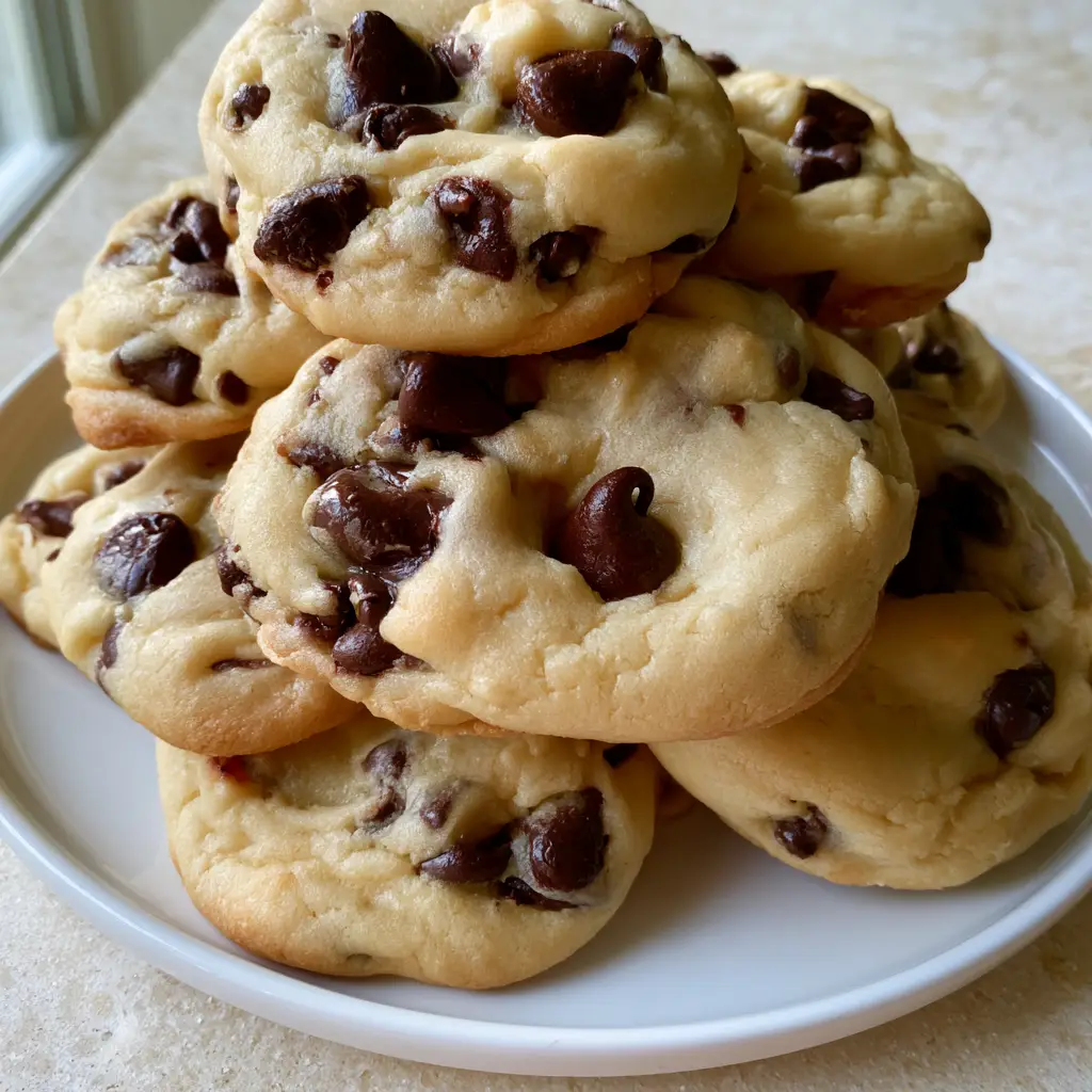 A haphazard stack of Cream Cheese Chocolate Chip Cookies on a white ceramic plate with natural side lighting.