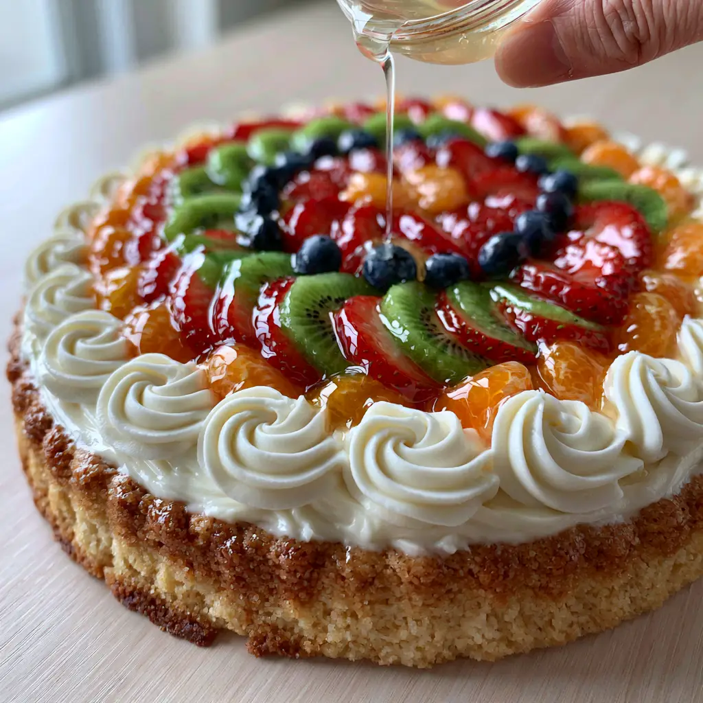A human hand drizzling clear apricot glaze over a Fruit Pizza with strawberries, kiwis, and blueberries under soft natural lighting.