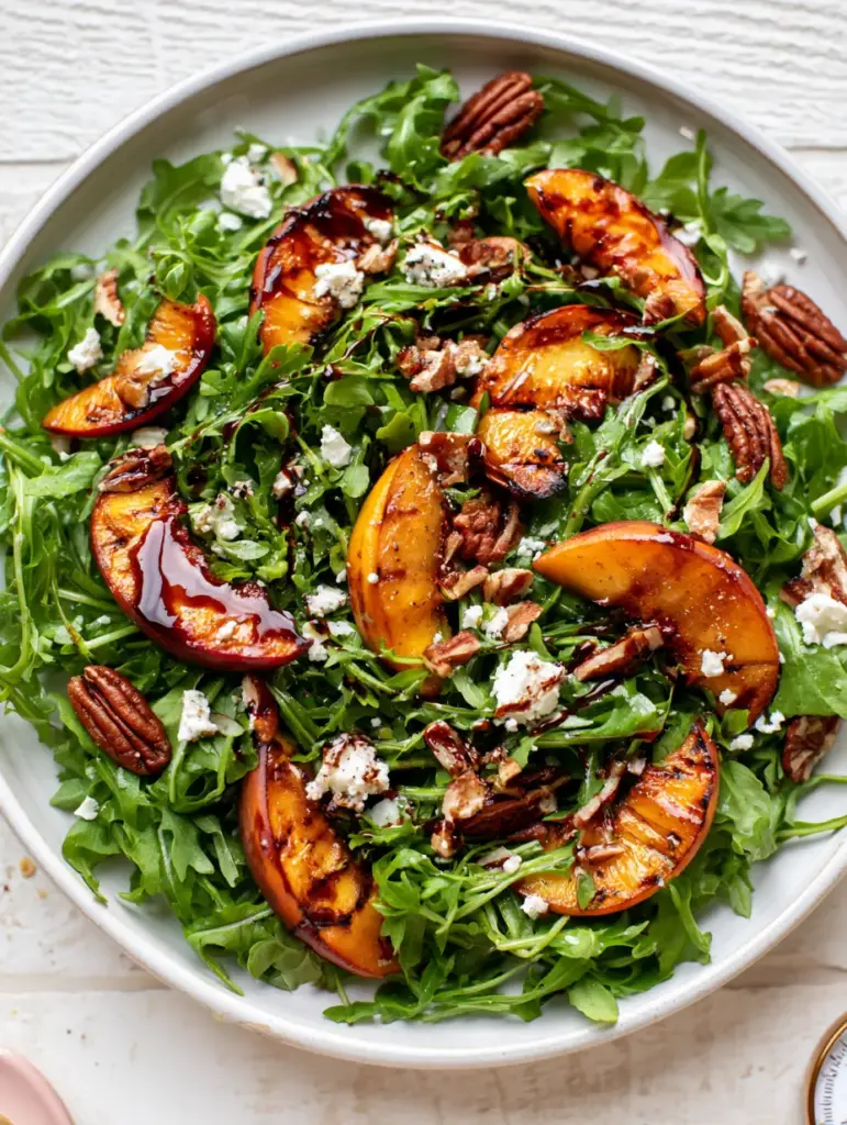 A top-down view of Peach Arugula Salad with toasted pecans and large goat cheese crumbles on a light wooden table. (Peach Arugula Salad)