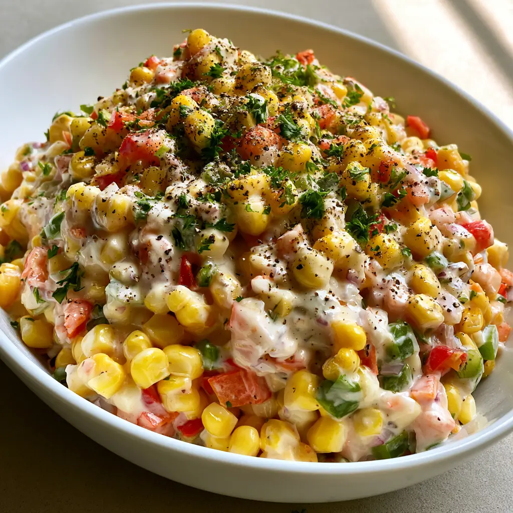 Amish Corn Salad: The Creamiest Traditional Summer Side Dish 1 Top down view of Amish Corn Salad showing the fine dice of vegetables and fresh parsley garnish.