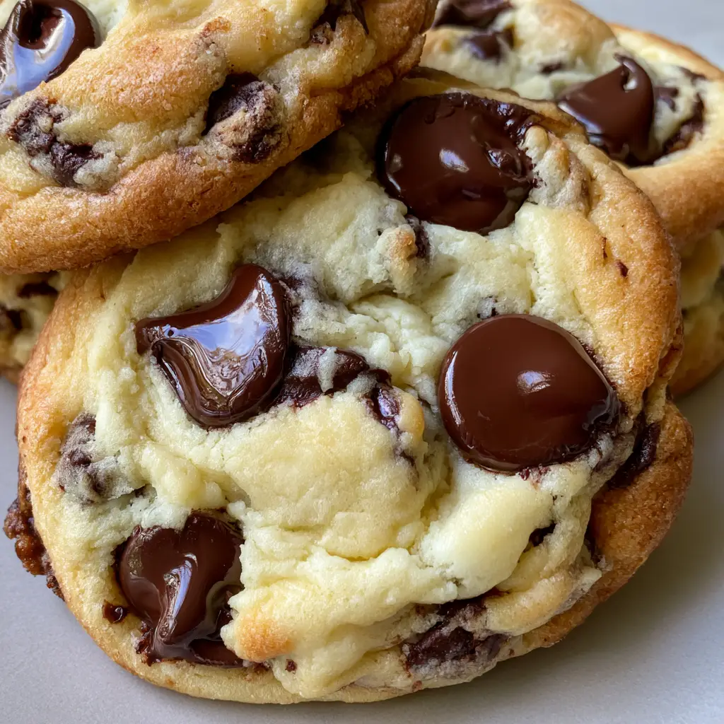 A stack of Chocolate Chip Cheesecake Cookies on a grey surface showing moist, dense crumbs and melted chocolate.