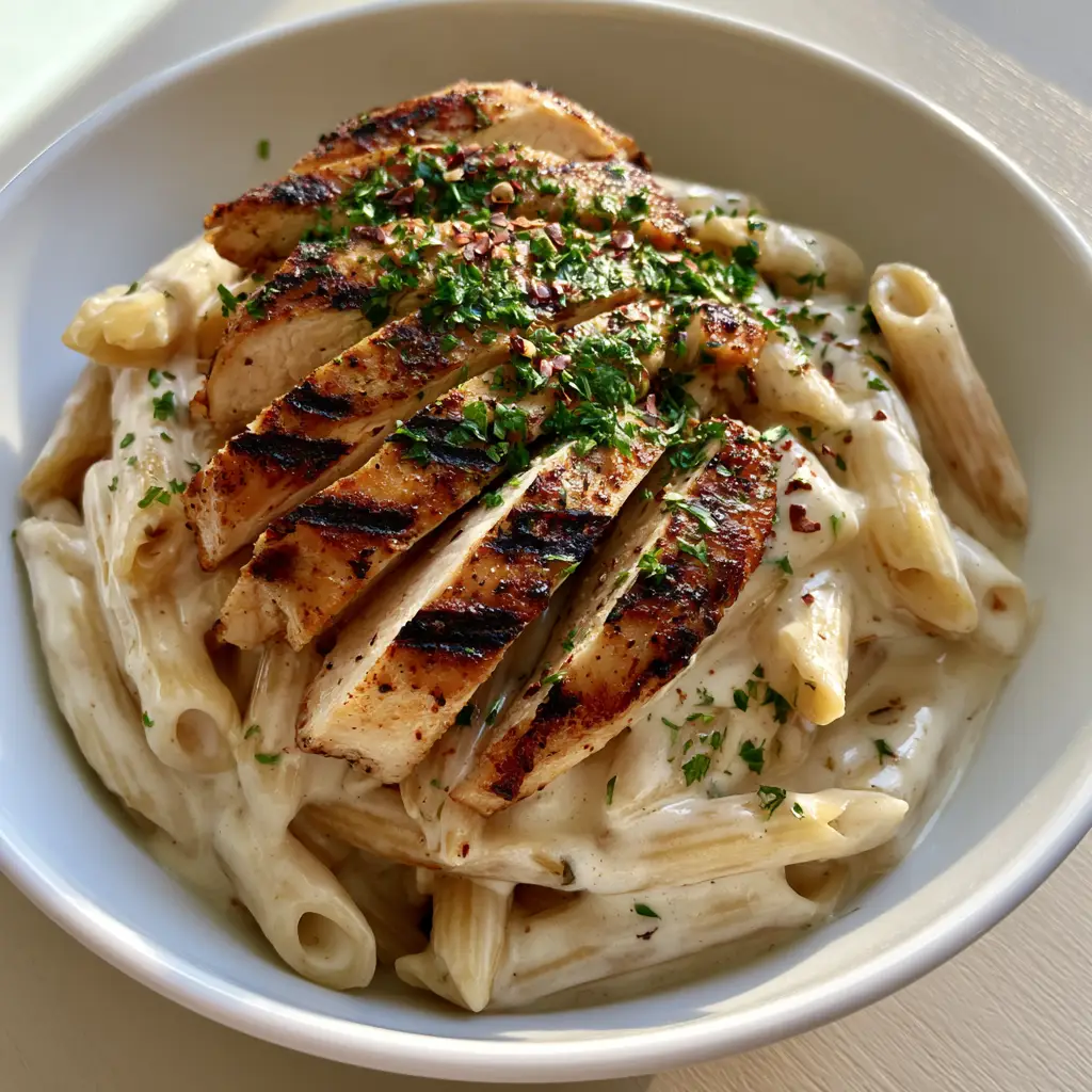 Creamy Chicken Penne with Seared Garlic Butter Chicken 1 Creamy Chicken Penne topped with golden-brown chicken slices featuring distinct grill marks.