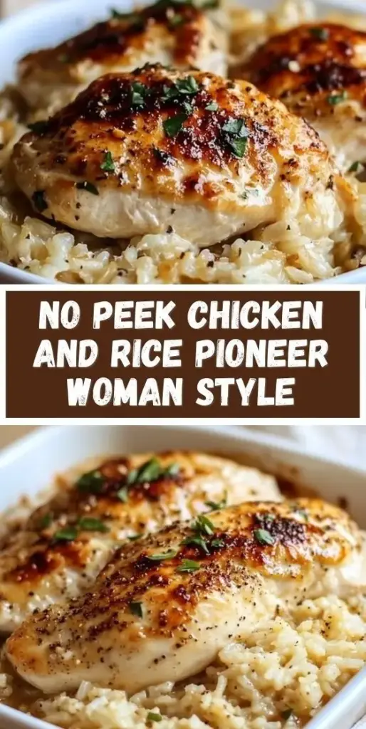 A top-down view of No Peek Chicken and Rice in a white dish, featuring golden chicken breasts and creamy yellow rice with parsley.