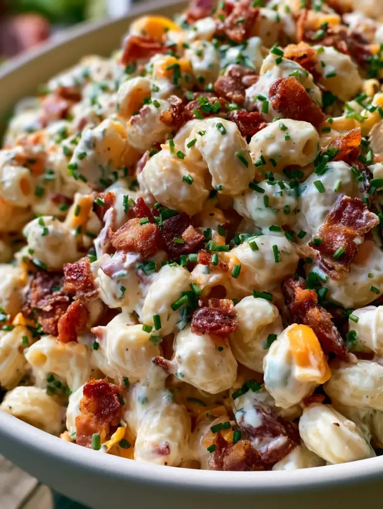 Ranch Pasta Salad with Crispy Smoked Bacon and Sharp Cheddar 2 Close-up of rotini spirals coated in glossy white ranch dressing with orange cheddar and black pepper. (ranch pasta salad)