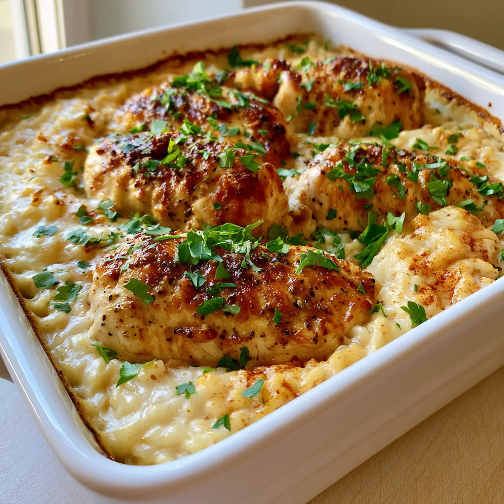 A handheld photo showing the caramelized rice edges and moist texture of No Peek Chicken and Rice.