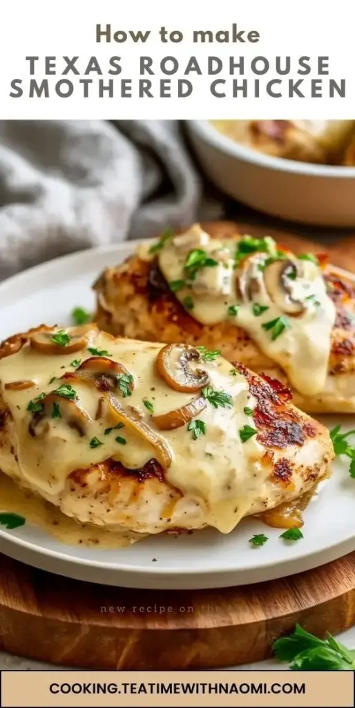 A Pinterest-optimized vertical graphic for Texas Roadhouse Smothered Chicken showing melted Monterey Jack cheese and sautéed mushrooms.