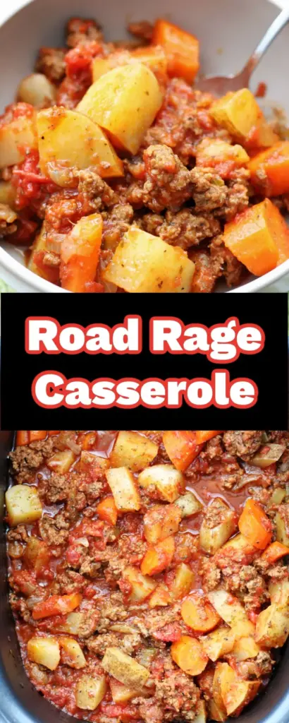 A rustic bowl of Road Rage Casserole featuring large potato chunks, browned beef, and carrots in a glossy reddish-brown sauce. (Road Rage Casserole)