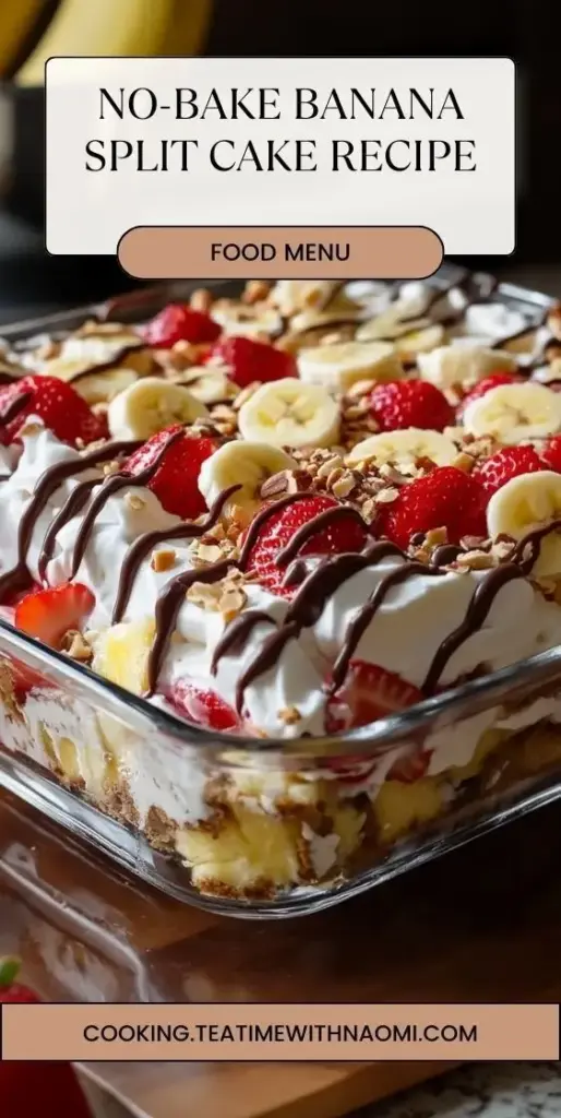 A handheld square slice of No-Bake Banana Split Cake with layers of graham cracker, cream cheese, banana, pineapple, and whipped cream, garnished with chocolate drizzle and cherries.
