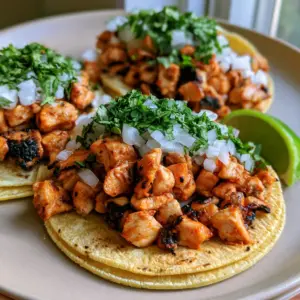 Close-up of Chicken Street Tacos showing the reddish-orange spice coating and charred chicken edges. (Chicken Street Tacos)