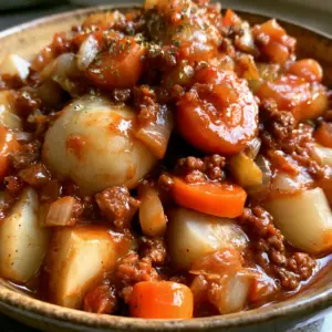 Handheld smartphone photo of a bowl of Road Rage Casserole with tender white potatoes and ground beef. (Road Rage Casserole)