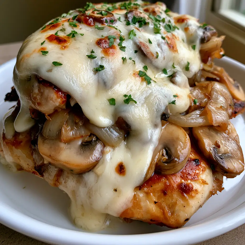Juicy seared chicken breasts topped with sautéed button mushrooms and caramelized onions under melted cheese.