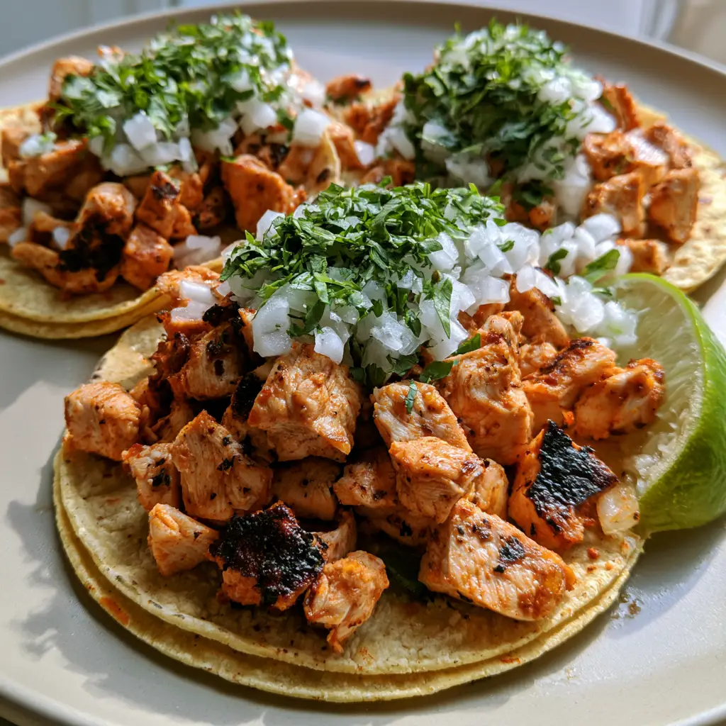 Three Chicken Street Tacos served on a neutral plate with a lime wedge and heavy cilantro garnish.