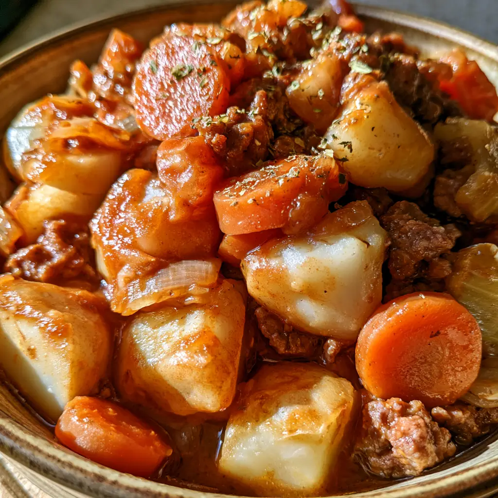 Glossy reddish-brown sauce covering ground beef and carrots in a rustic Road Rage Casserole.