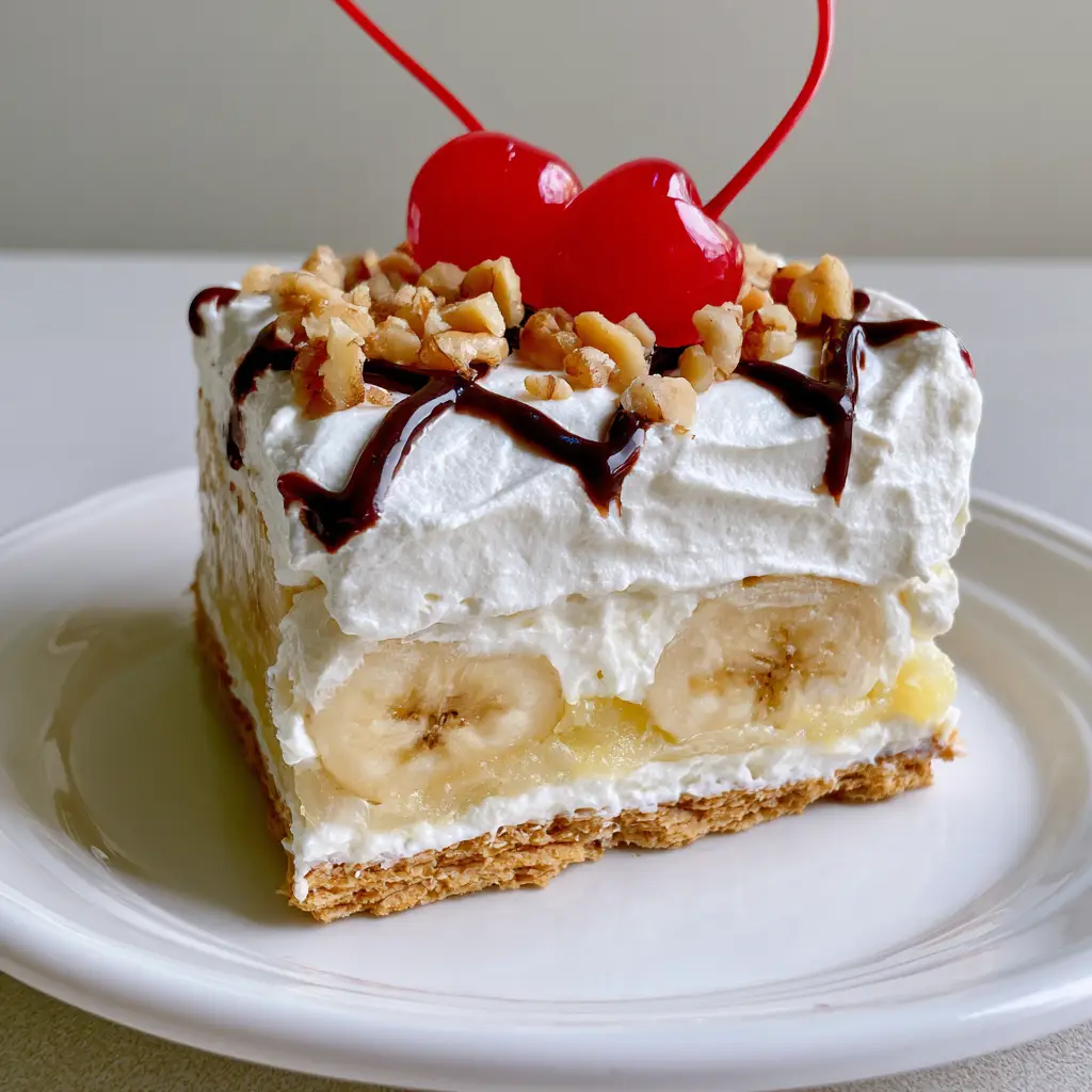 A square of No-Bake Banana Split Cake on a white plate with chocolate syrup crisscross and bright red maraschino cherries.