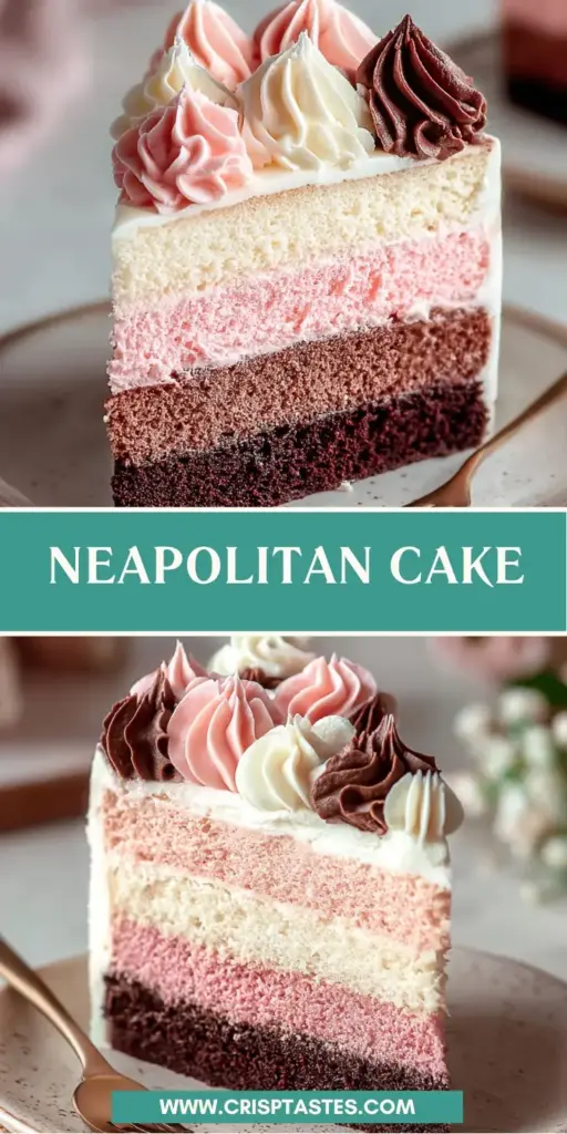 Neapolitan Layer Cake: The Ultimate Triple-Layer Showstopper 4 A tall Neapolitan Layer Cake with chocolate, strawberry, and vanilla layers, topped with chocolate ganache and sprinkles on a white pedestal.