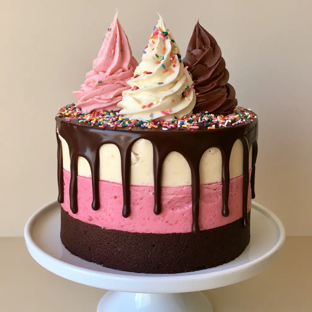 Neapolitan Layer Cake: The Ultimate Triple-Layer Showstopper 2 Side view of a Neapolitan Layer Cake showing the distinct dark brown, pink, and cream layers with a chocolate drip.