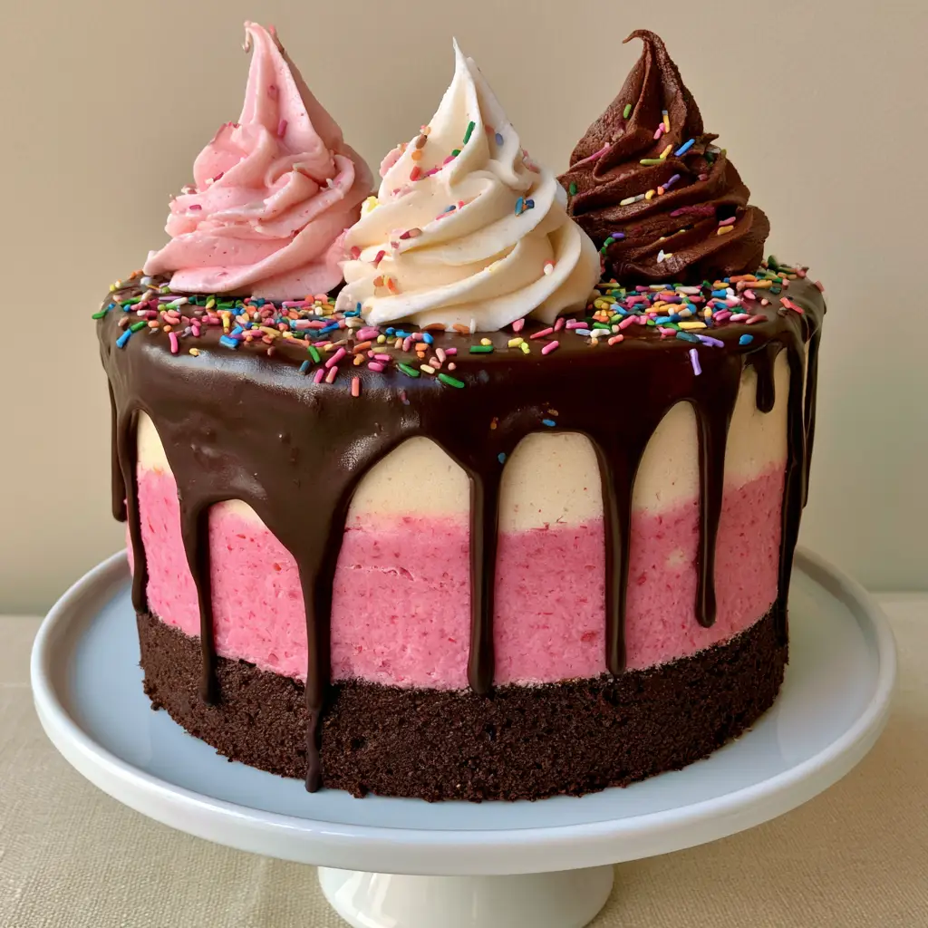 Neapolitan Layer Cake: The Ultimate Triple-Layer Showstopper 1 Close up of the top of a Neapolitan Layer Cake with frosting swirls, ganache drip, and rainbow sprinkles.