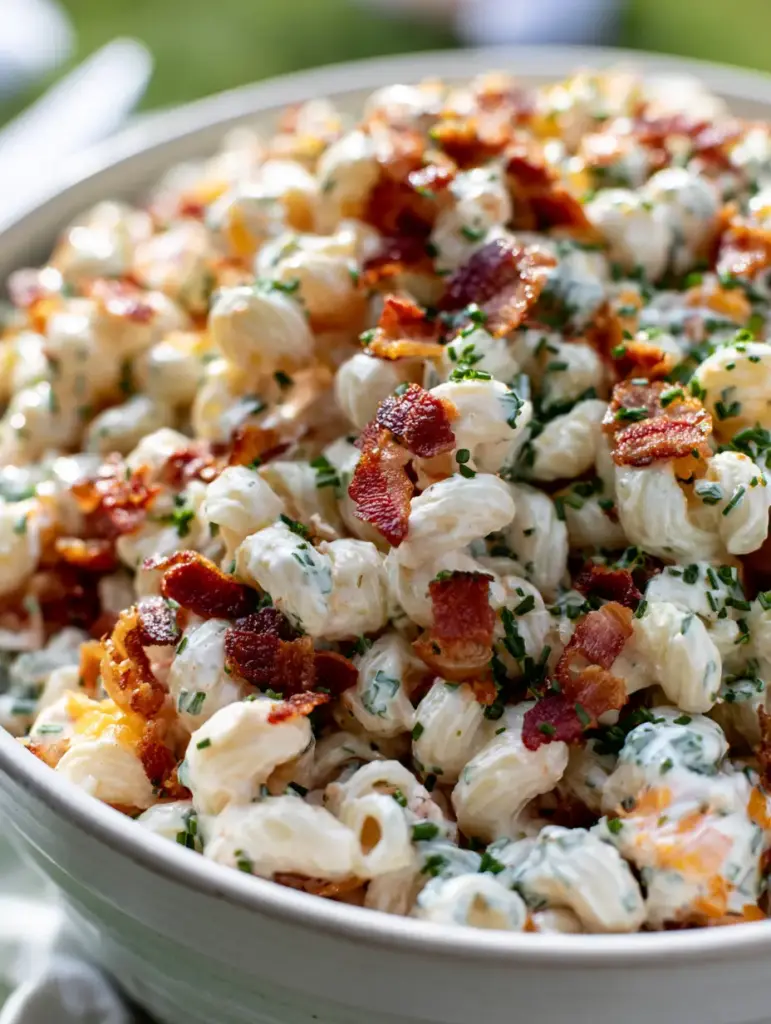 Ranch Pasta Salad with Crispy Smoked Bacon and Sharp Cheddar 1 Mahogany crispy bacon bits and bright green chives layered over a ranch pasta salad.