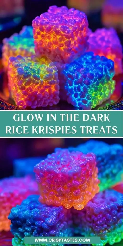 A stack of Glow in the Dark Rice Krispie Treats with neon green glaze and candy eyeballs on a dark background.
