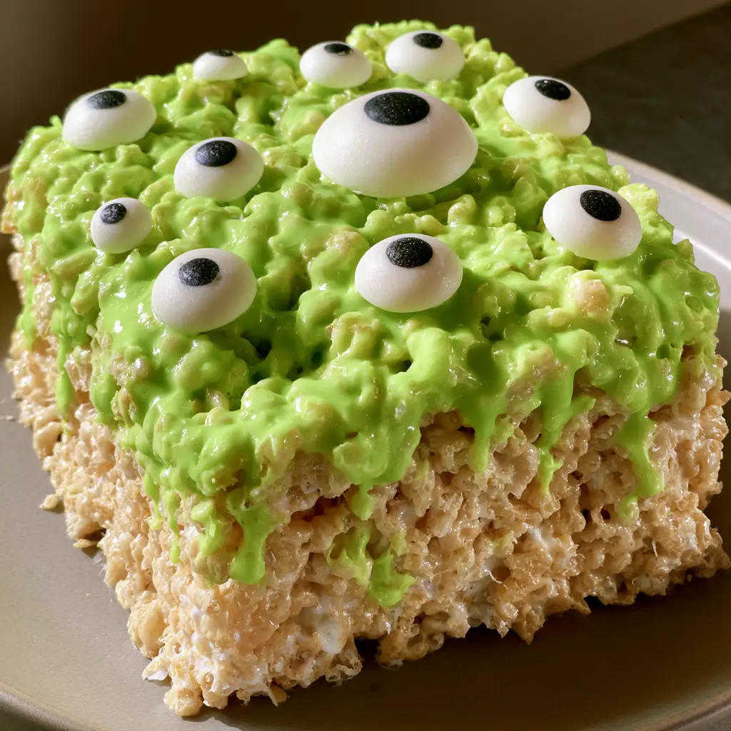Multiple Glow in the Dark Rice Krispie Treats with neon topping and monster eyes on a neutral dark surface.
