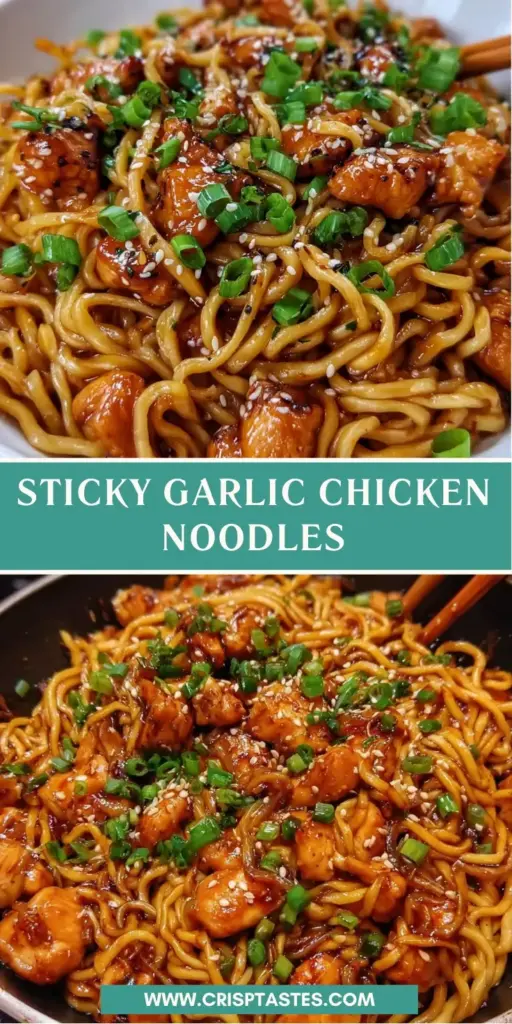 A vertical Pinterest pin showing a close-up of Sticky Garlic Chicken Noodles in a dark bowl with a glossy soy glaze and sesame seeds.