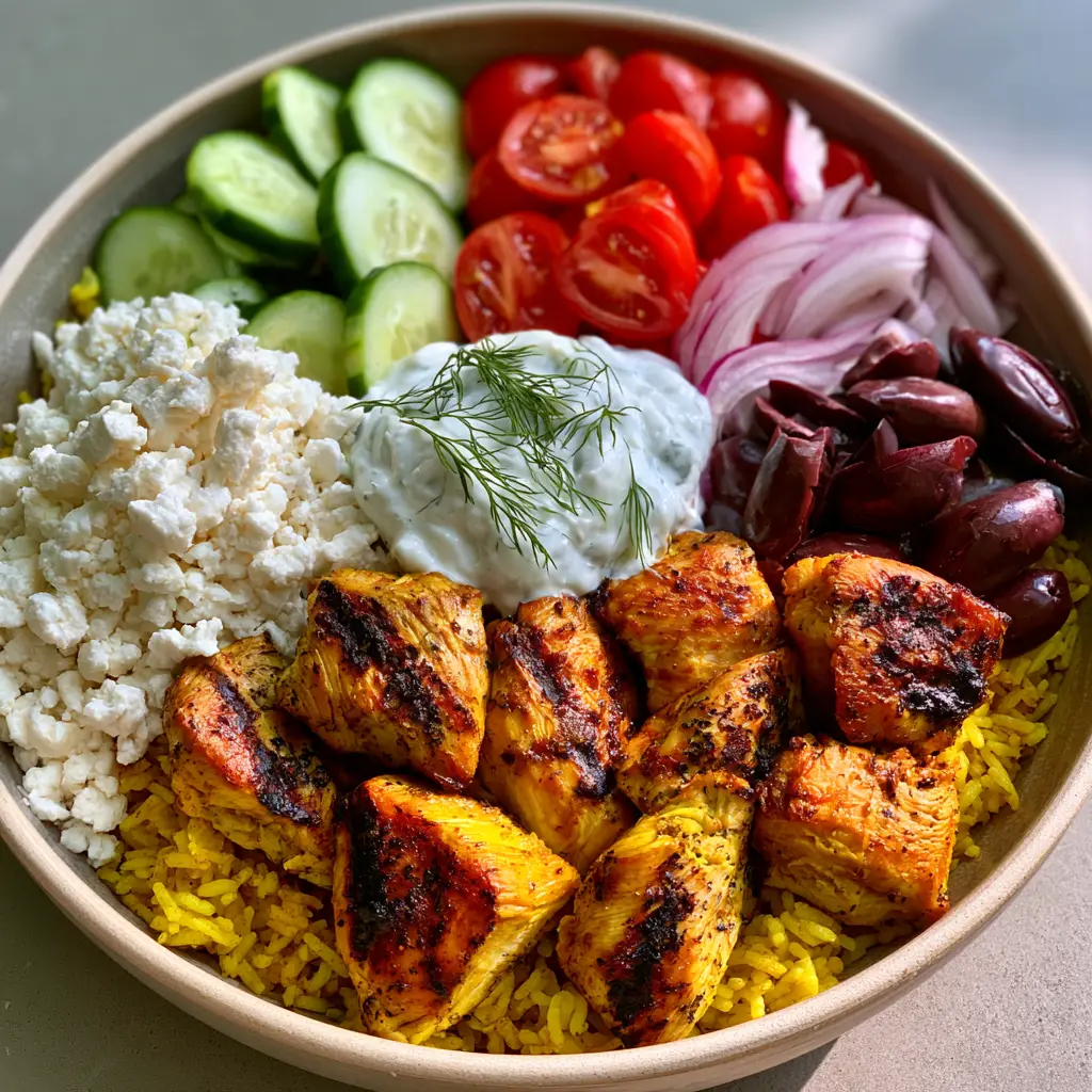 Mediterranean Chicken Bowls with Turmeric Rice and Creamy Tzatziki 2 Close up of Mediterranean Chicken Bowls with golden-brown grilled chicken and vibrant turmeric-stained yellow rice base.