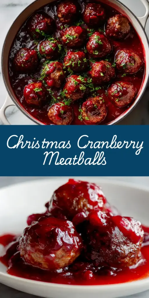 A stack of Christmas Cranberry Meatballs in a white bowl, coated in a thick glossy red sauce and garnished with sesame seeds and parsley.
