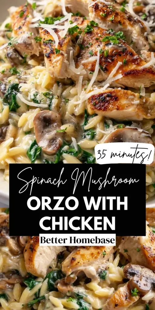 A close-up vertical shot of Creamy Chicken Mushroom Orzo in a dark skillet, showing glossy sauce and charred chicken chunks.