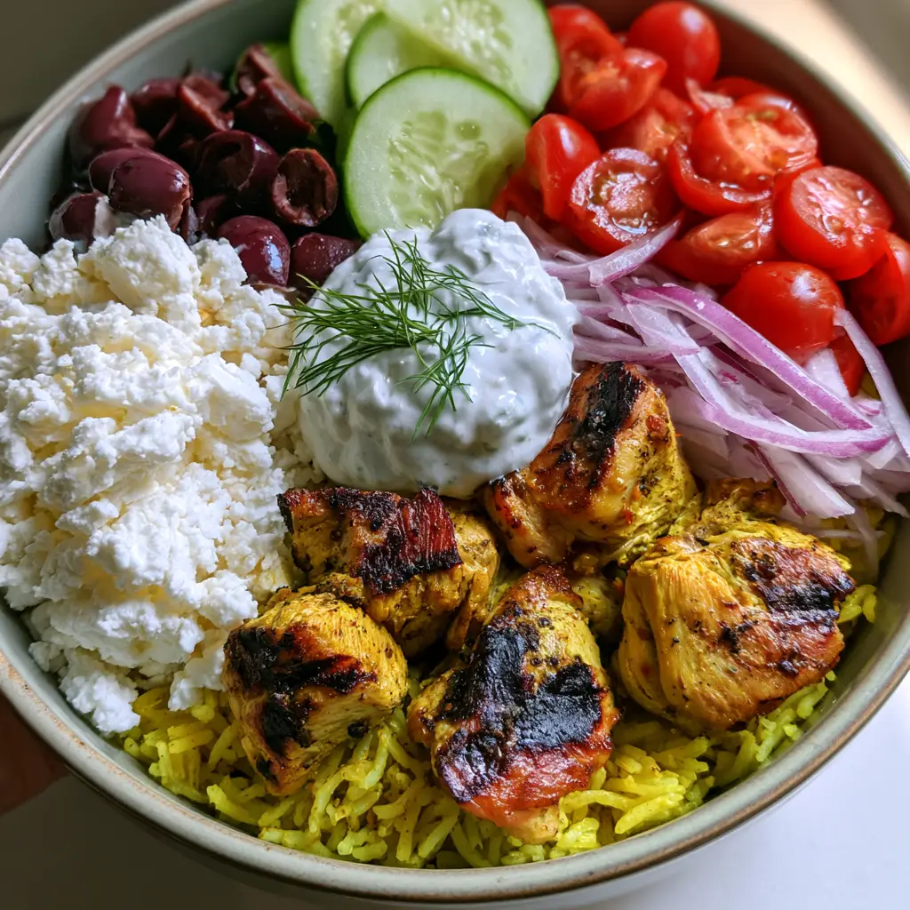 Mediterranean Chicken Bowls with Turmeric Rice and Creamy Tzatziki 1 Vibrant Mediterranean Chicken Bowls showing fresh cucumber, red cherry tomatoes, and a dollop of creamy tzatziki.