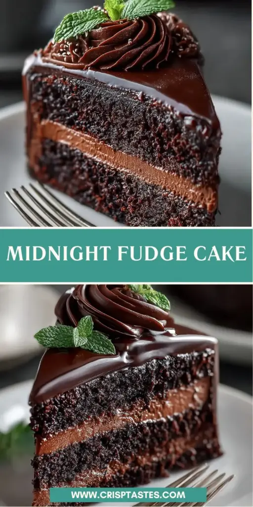 Midnight Fudge Cake: The Ultimate Ultra-Glossy Chocolate Layer Cake 4 A thick multi-layered Midnight Fudge Cake on a white pedestal with glossy dark chocolate frosting swirls.