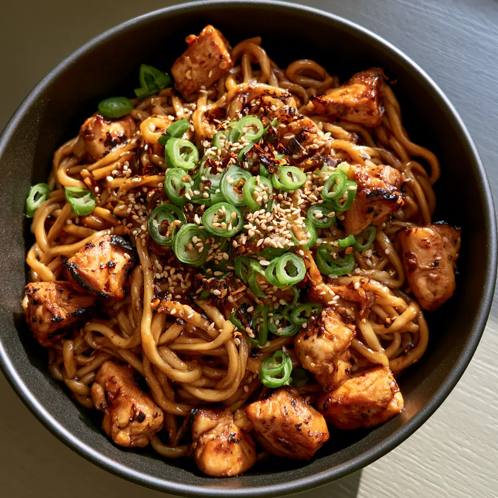 Close up of the texture of chewy wheat noodles in Sticky Garlic Chicken Noodles with scallions and sesame seeds.