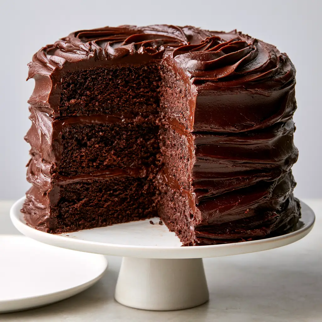 Midnight Fudge Cake: The Ultimate Ultra-Glossy Chocolate Layer Cake 2 Slices of Midnight Fudge Cake showing the deep cocoa brown moist spongy crumb texture.