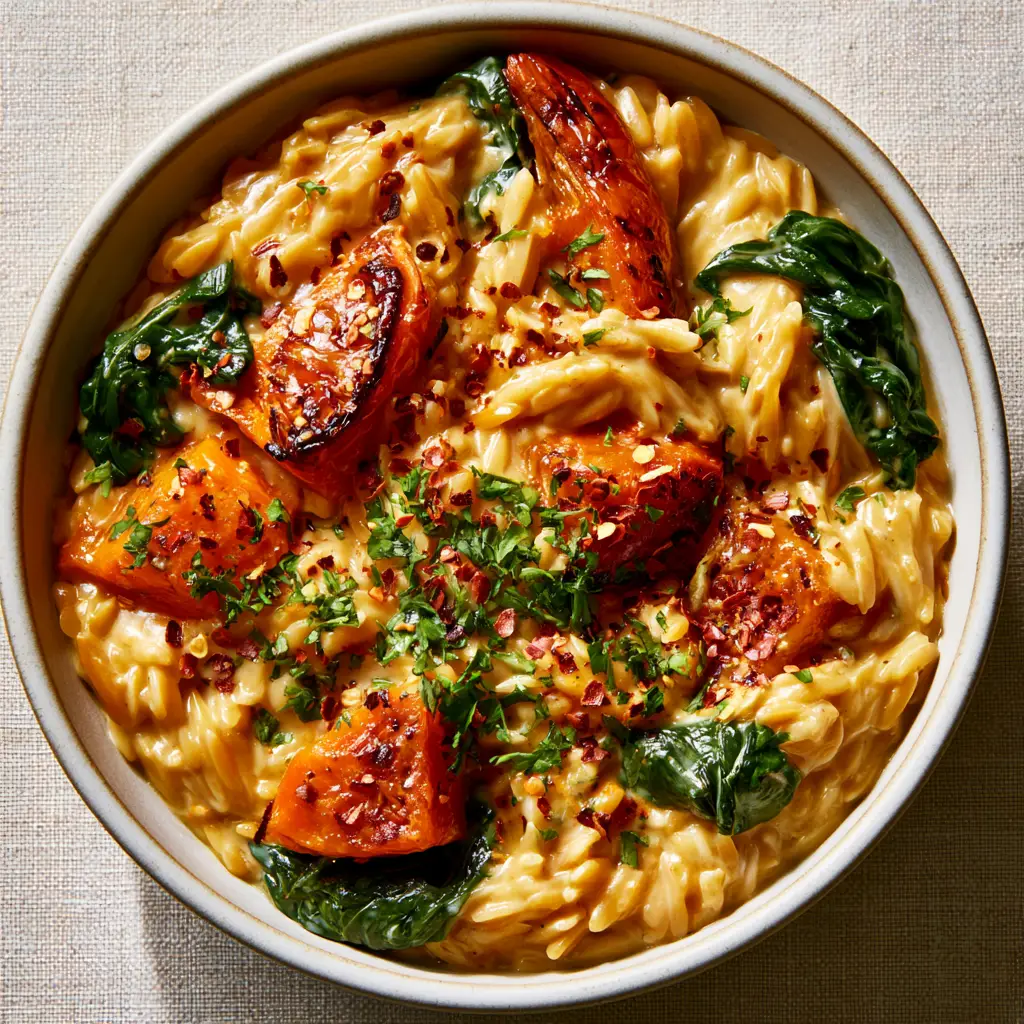 Butternut Squash Orzo: The Ultimate Creamy One-Pan Comfort Meal 2 Close-up top-down view of golden orzo pasta mixed with large chunks of roasted orange butternut squash and dark green spinach. (Butternut Squash Orzo)