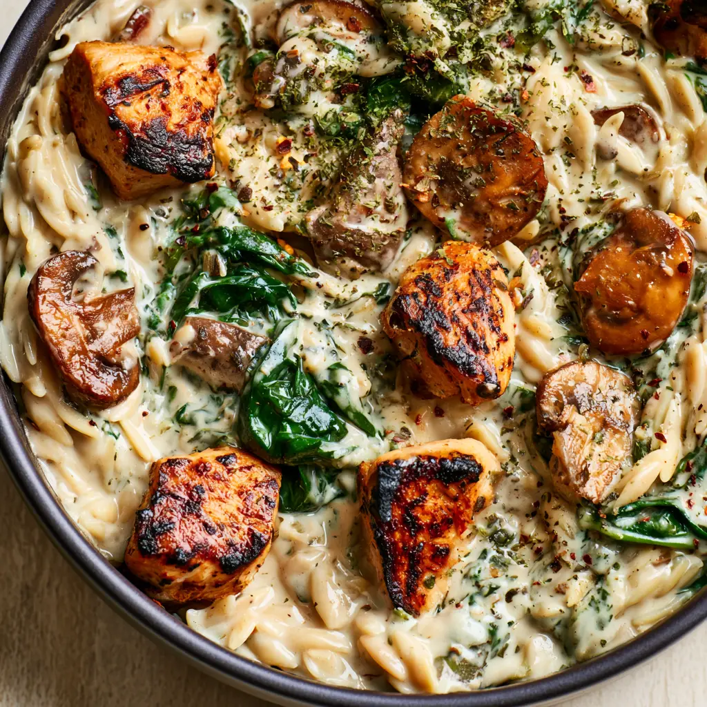 Close up of sautéed brown cremini mushrooms and seared chicken pieces folded into creamy orzo pasta.