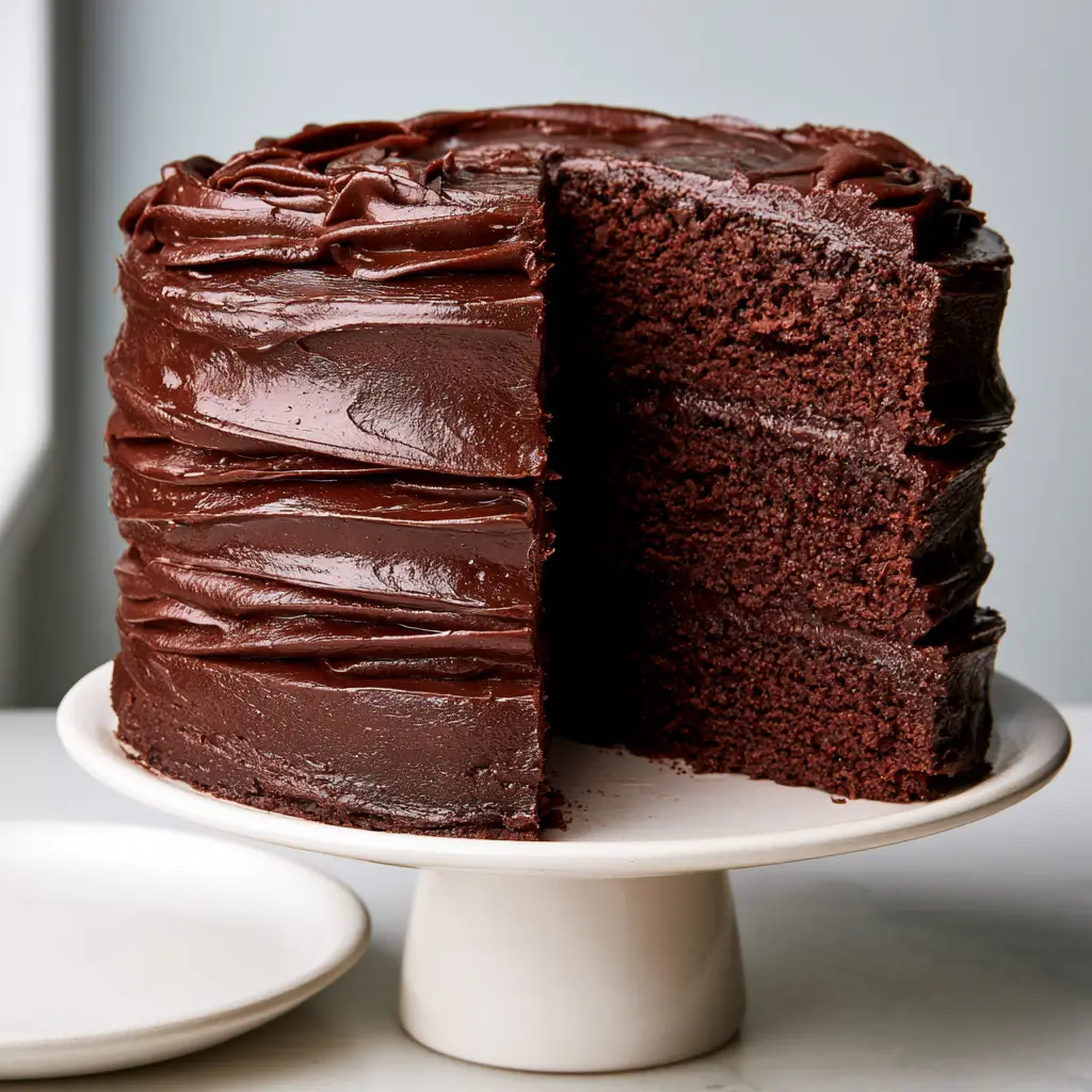 Midnight Fudge Cake: The Ultimate Ultra-Glossy Chocolate Layer Cake 1 Heavy smooth sweeps of ultra-glossy dark chocolate fudge frosting on a layer cake.
