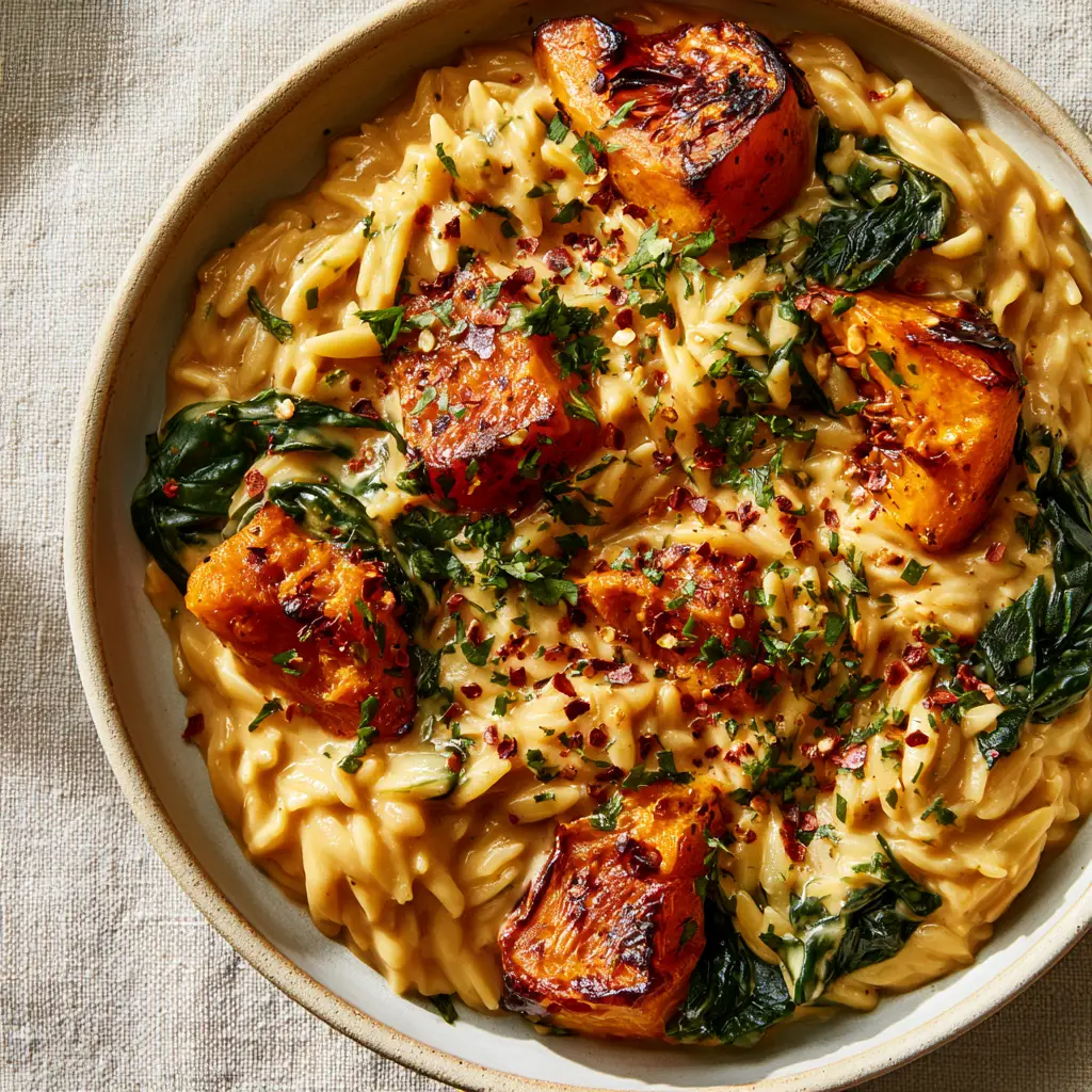 Butternut Squash Orzo: The Ultimate Creamy One-Pan Comfort Meal 1 A detailed shot of creamy orzo in a thick glossy sauce with red pepper flakes and parsley garnishing the surface.