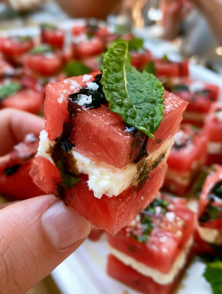 Macro photo showing the vibrant emerald mint leaf and thick ebony balsamic glaze on a watermelon cube. (watermelon canapes)