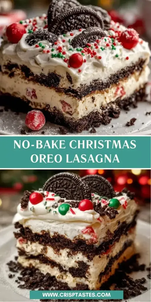 A side-profile shot of No-Bake Christmas Oreo Lasagna showing the four distinct physical layers: dark cookie crust, white cream cheese, pale mint-green pudding, and fluffy whipped topping.