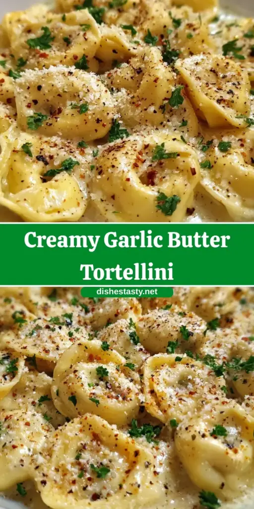 Creamy Garlic Butter Tortellini (The Ultimate 15-Minute Comfort Food) 4 A Pinterest pin showing Creamy Garlic Butter Tortellini in a white bowl with glossy sauce and fresh parsley garnish.