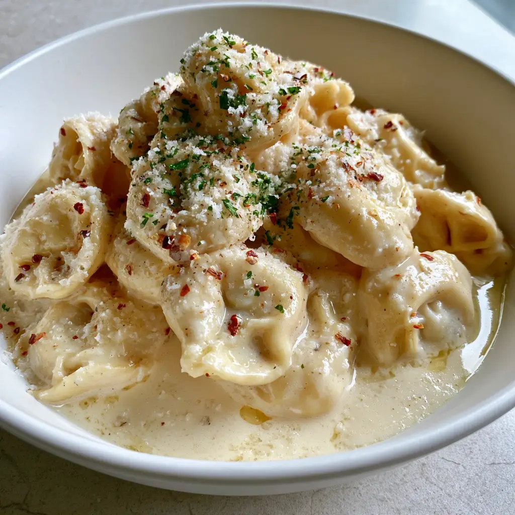 Creamy Garlic Butter Tortellini (The Ultimate 15-Minute Comfort Food) 2 Close-up of plump cheese tortellini coated in a thick, glossy ivory garlic butter cream sauce. (Creamy Garlic Butter Tortellini)