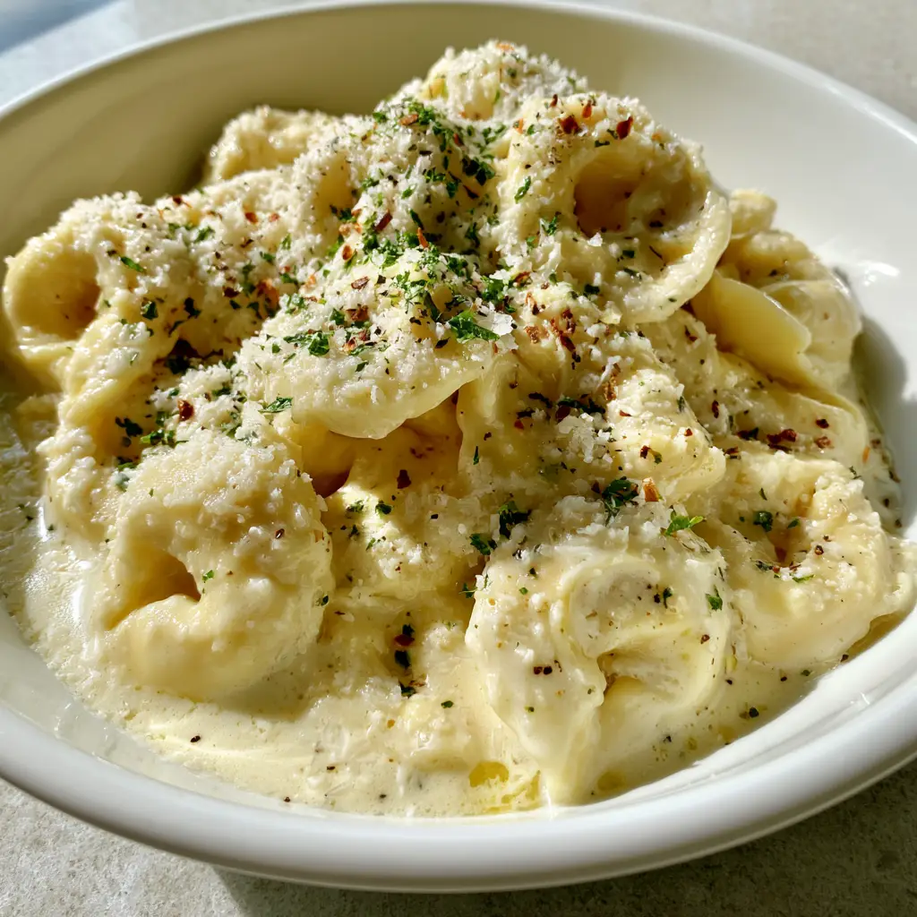 Creamy Garlic Butter Tortellini (The Ultimate 15-Minute Comfort Food) 1 Creamy Garlic Butter Tortellini garnished with parmesan cheese, parsley, and red chili flakes in a shallow bowl.