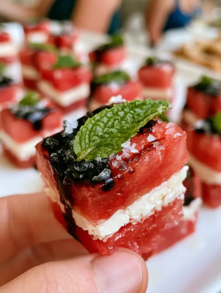 Uniformly cut watermelon cubes and feta squares arranged on a white marble slab with natural side lighting. (watermelon canapes)
