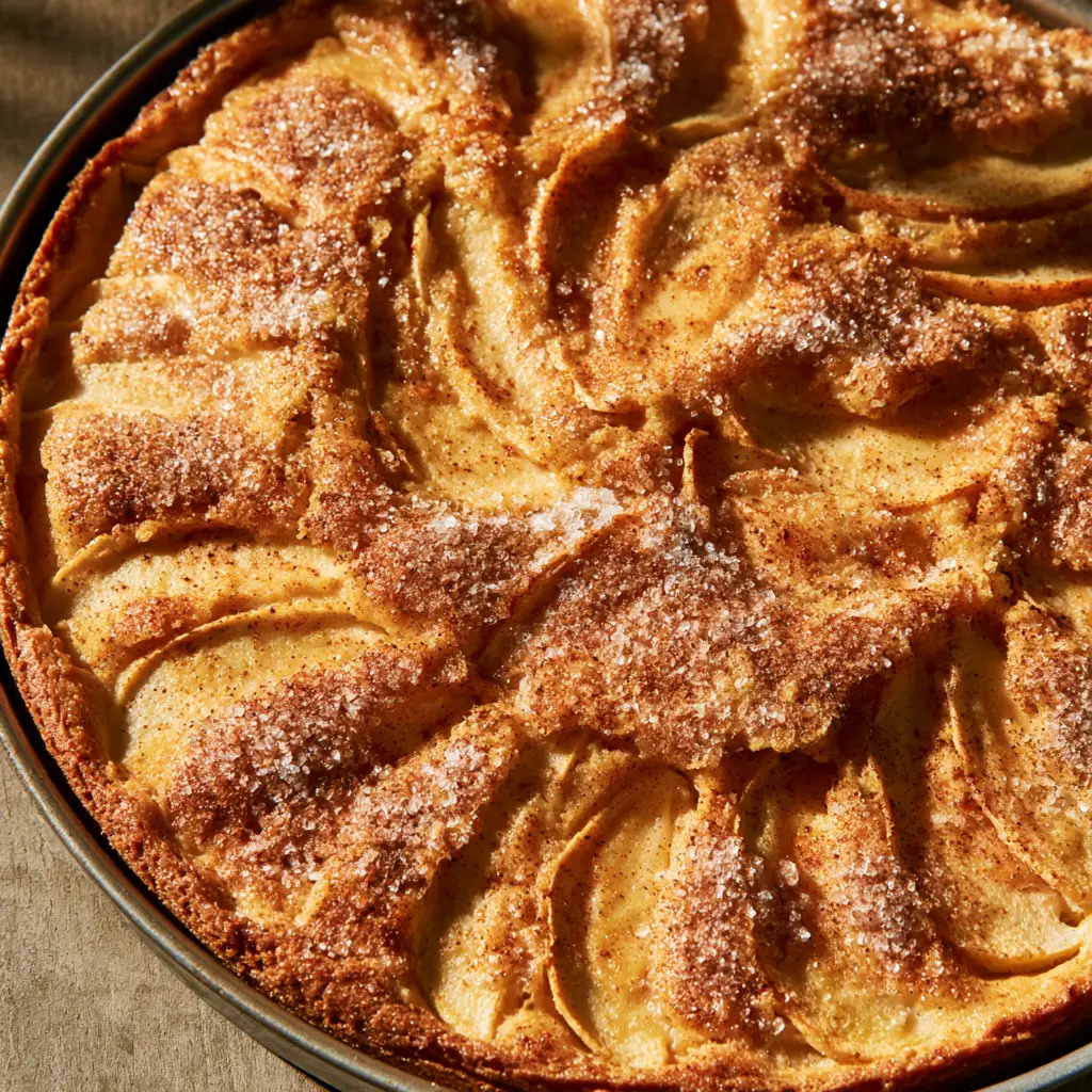 Detailed view of the golden-brown sweet crust and cinnamon crystals on a Swedish apple cake. (Swedish Apple Cake Recipe)