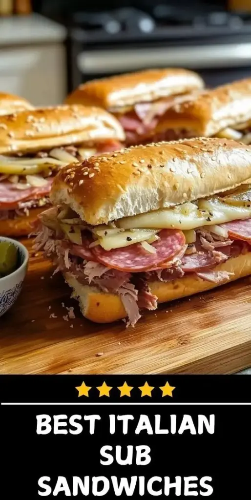 A towering Italian Sub Sandwich with melted cheese, folded meats, and fresh peppers on a white plate. (Italian Sub Sandwich Recipe)