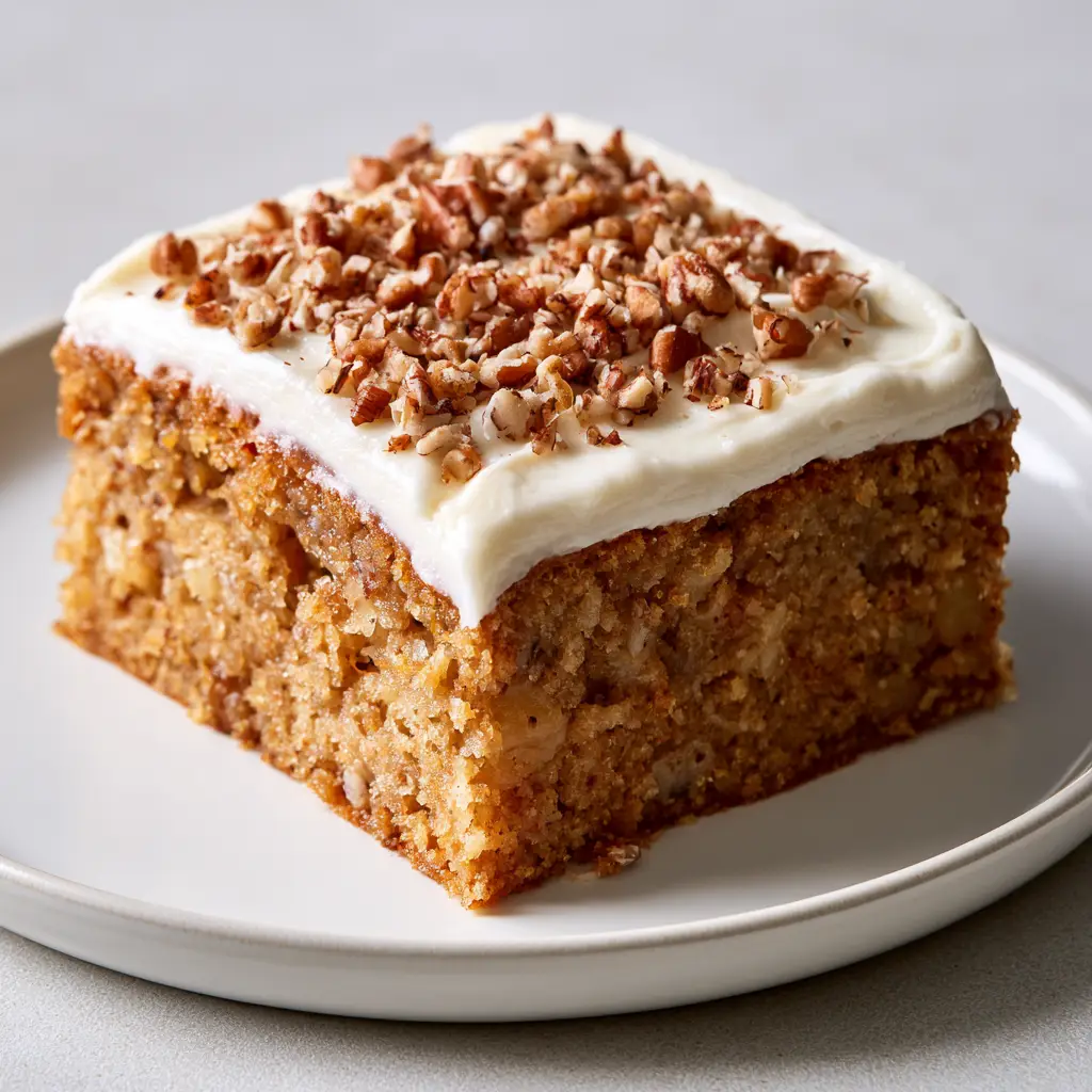 Hummingbird Sheet Cake with Tangy Cream Cheese Frosting 2 Close up of Hummingbird Sheet Cake showing visible pineapple and banana flecks in the golden crumb. (Hummingbird Sheet Cake)